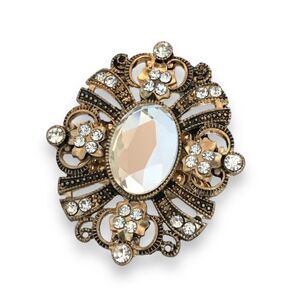 New Statement Stretch Ring Antique Gold Tone Clear Crystal - 4P